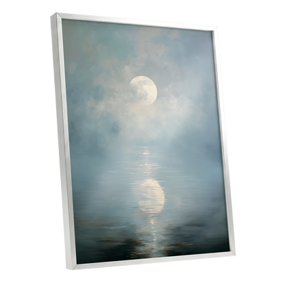 Pearl Above Quiet Water, blue, white, gray nature wall art shown as a silver framed poster wall art print