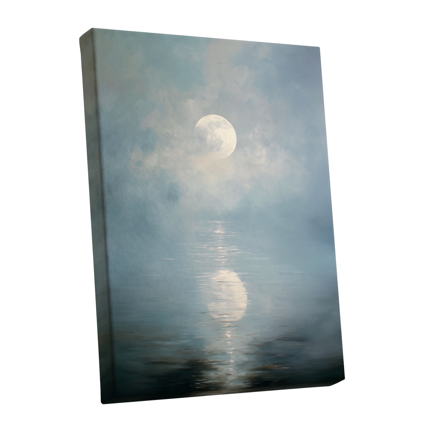Pearl Above Quiet Water, blue, white, gray nature wall art shown as a stretched canvas wall art
