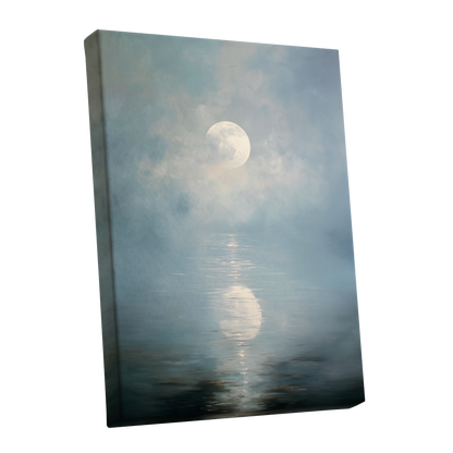 Pearl Above Quiet Water, blue, white, gray nature wall art shown as a stretched canvas wall art