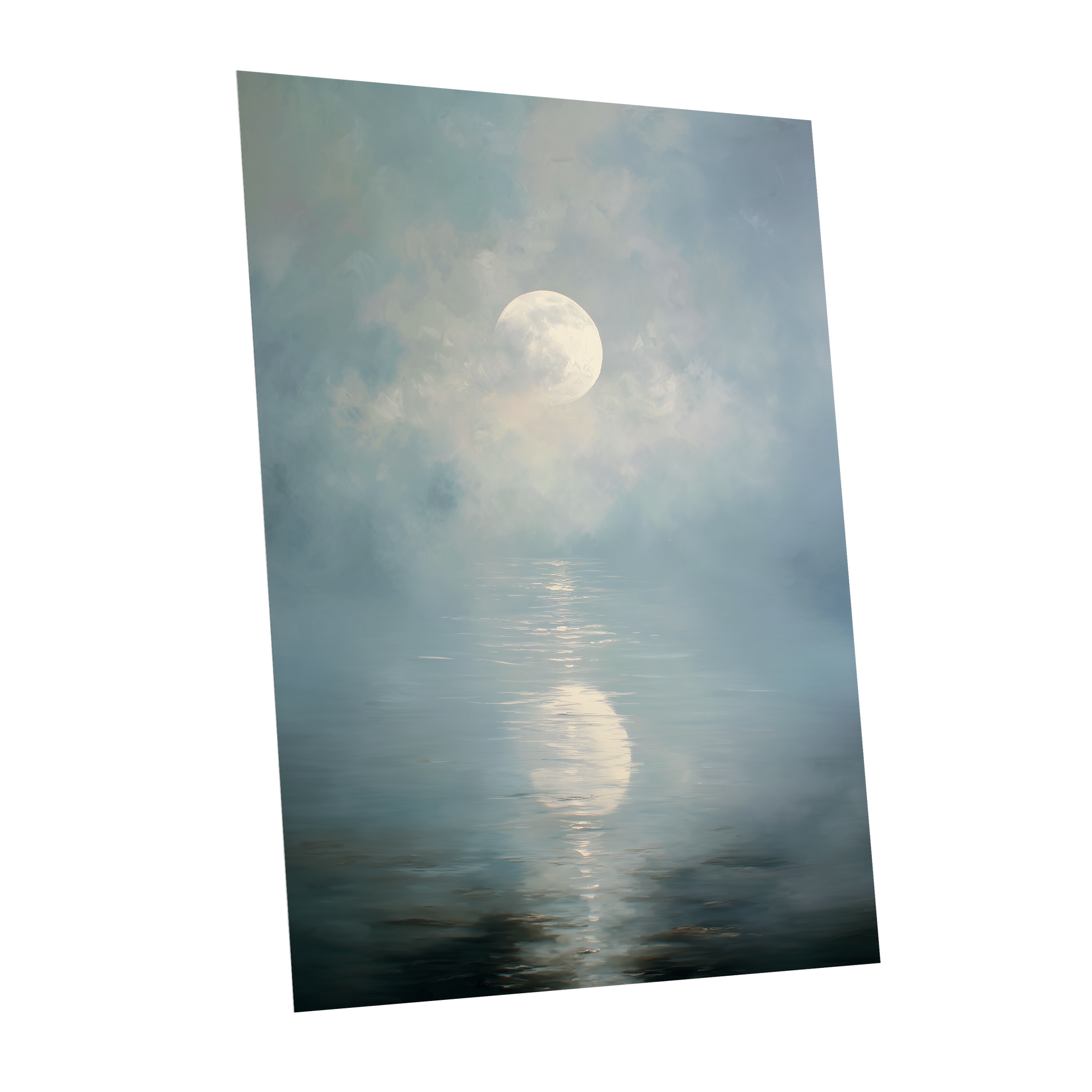 Pearl Above Quiet Water, blue, white, gray nature wall art shown as a unframed poster wall art print