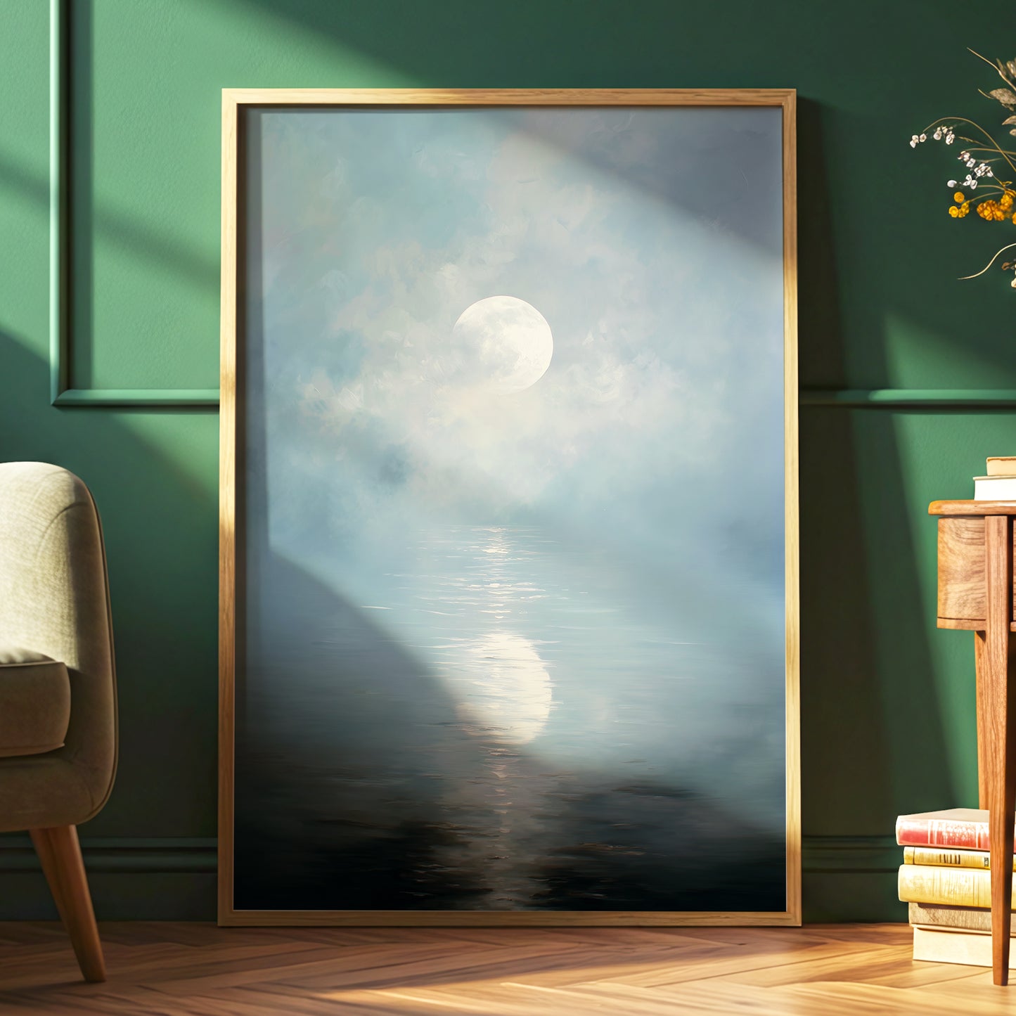 Pearl Above Quiet Water, blue, white, gray nature wall art displayed in a styled interior, gallery view 2