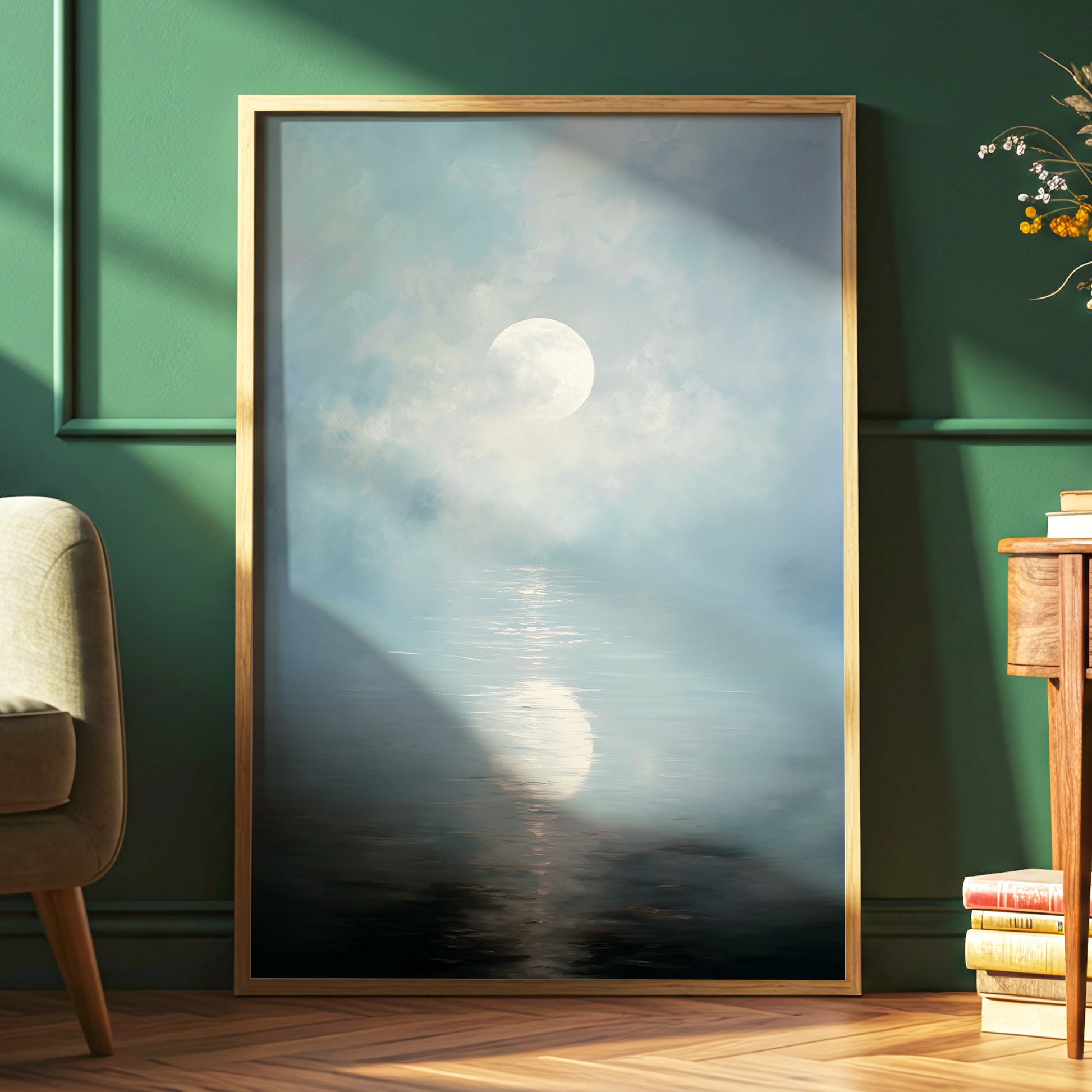 Pearl Above Quiet Water, blue, white, gray nature wall art displayed in a styled interior, gallery view 2