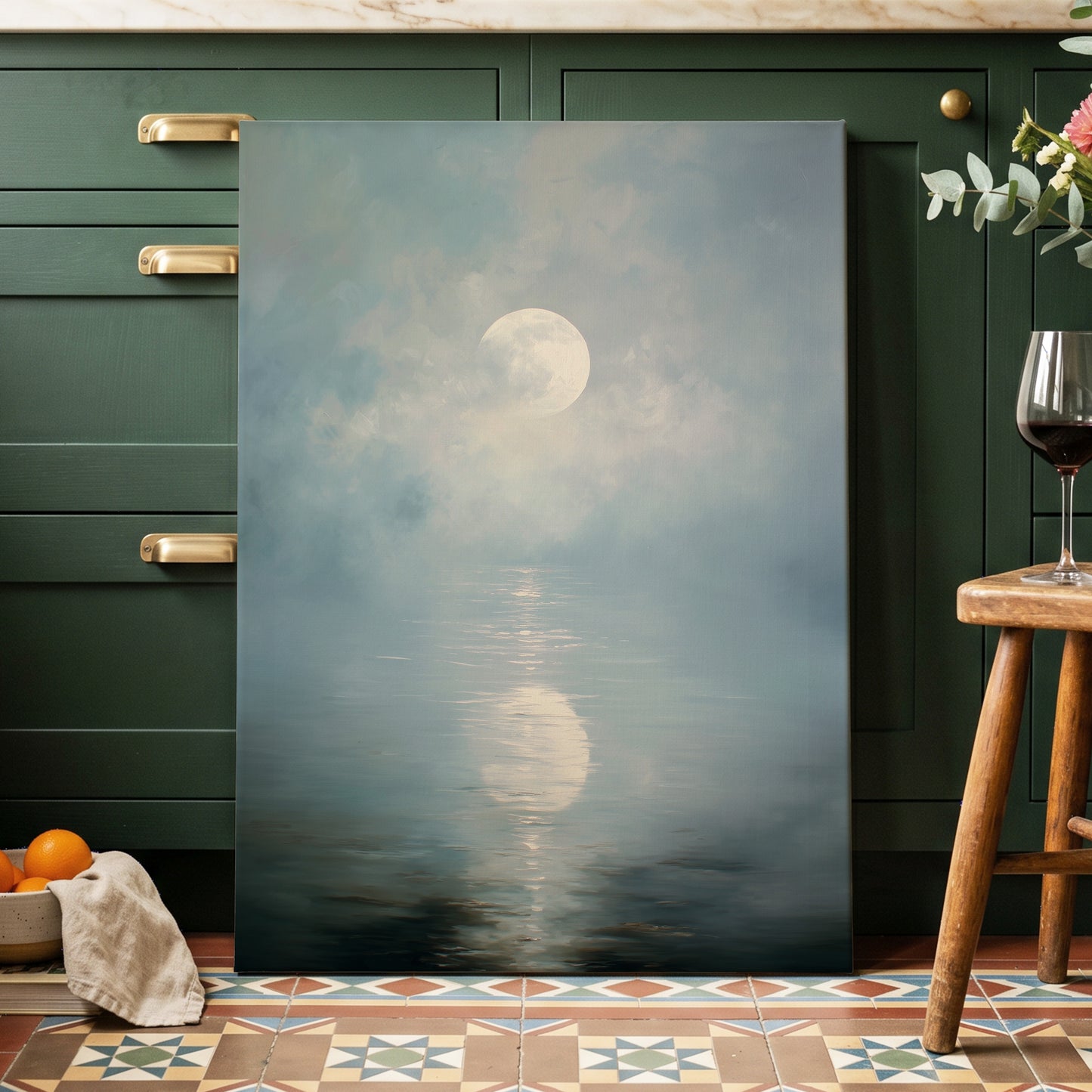 Pearl Above Quiet Water, blue, white, gray nature wall art displayed in a styled interior, gallery view 3