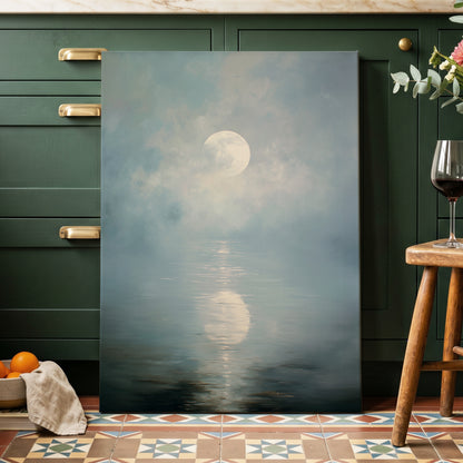 Pearl Above Quiet Water, blue, white, gray nature wall art displayed in a styled interior, gallery view 3
