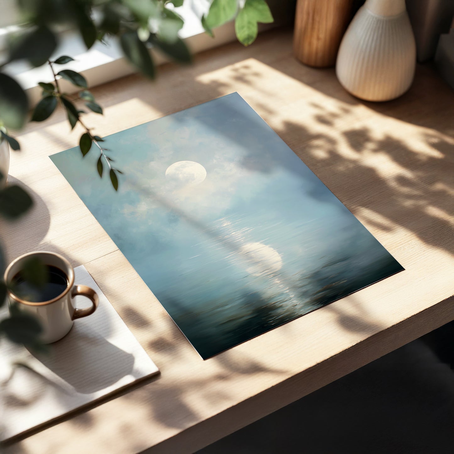 Pearl Above Quiet Water, blue, white, gray nature wall art displayed in a styled interior, gallery view 5