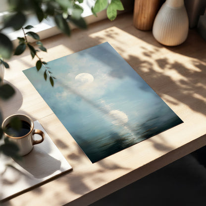 Pearl Above Quiet Water, blue, white, gray nature wall art displayed in a styled interior, gallery view 5