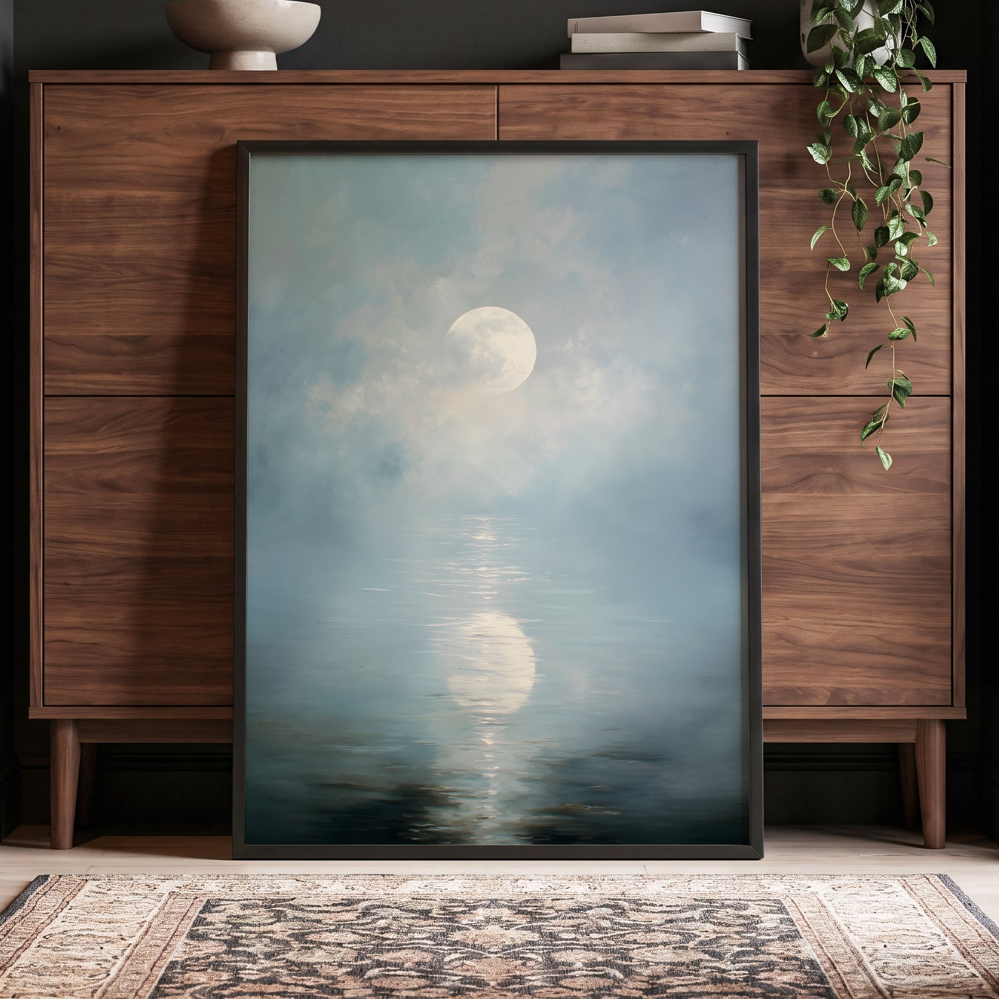 Pearl Above Quiet Water, blue, white, gray nature wall art displayed in a styled interior, gallery view 6