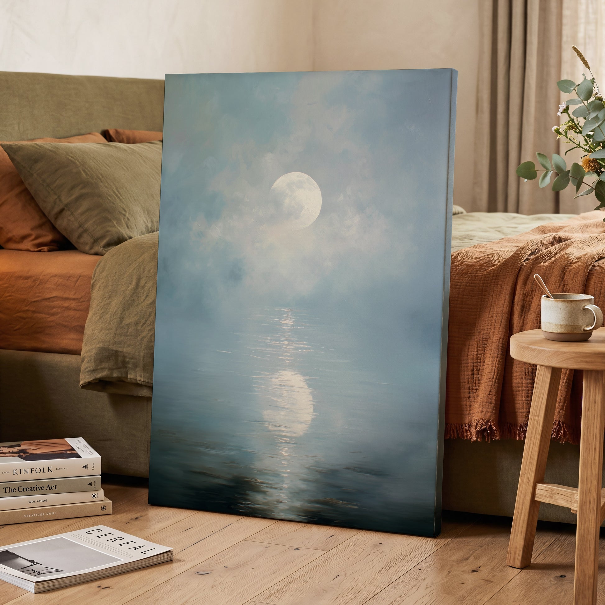 Pearl Above Quiet Water, blue, white, gray nature wall art displayed in a styled interior, gallery view 7