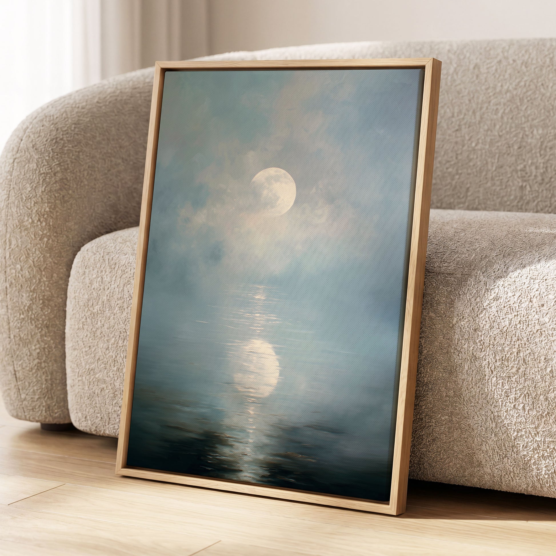 Pearl Above Quiet Water, blue, white, gray nature wall art displayed in a styled interior, gallery view 8