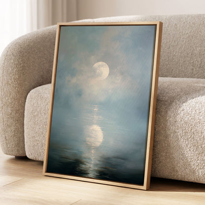 Pearl Above Quiet Water, blue, white, gray nature wall art displayed in a styled interior, gallery view 8