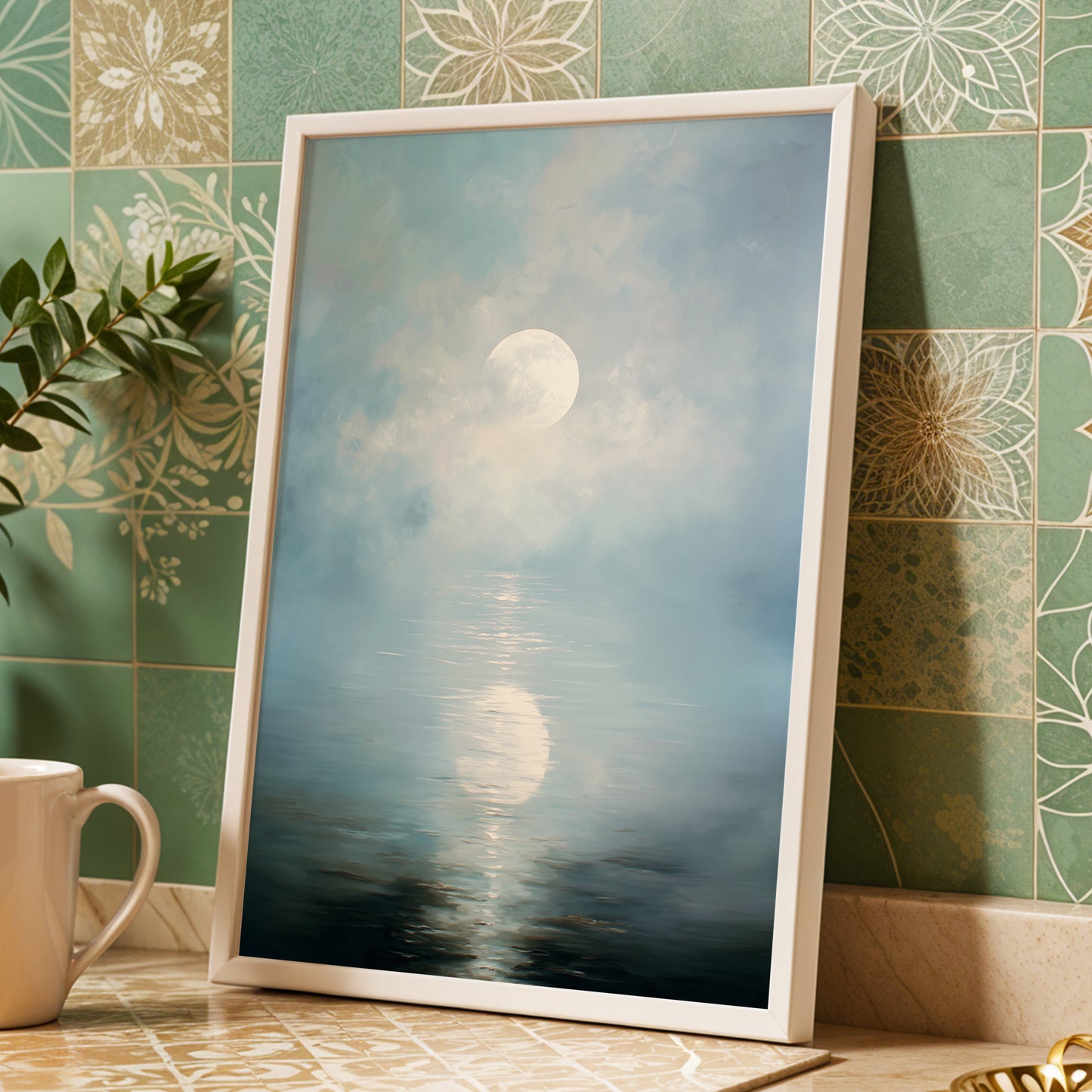 Pearl Above Quiet Water, blue, white, gray nature wall art displayed in a styled interior, gallery view 9
