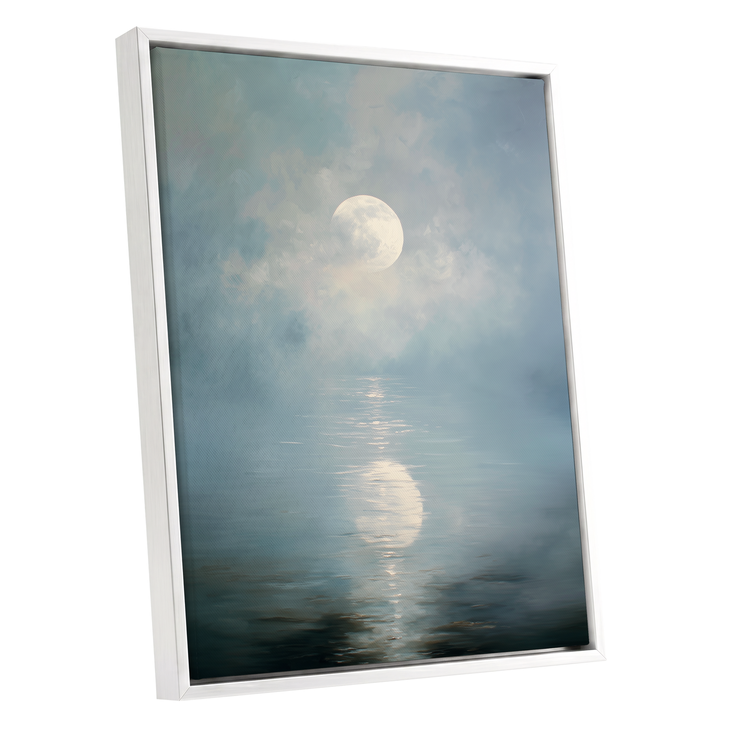 Pearl Above Quiet Water, blue, white, gray nature wall art shown as a white framed canvas wall art