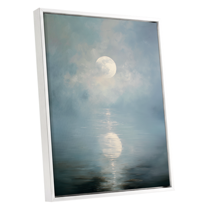 Pearl Above Quiet Water, blue, white, gray nature wall art shown as a white framed canvas wall art