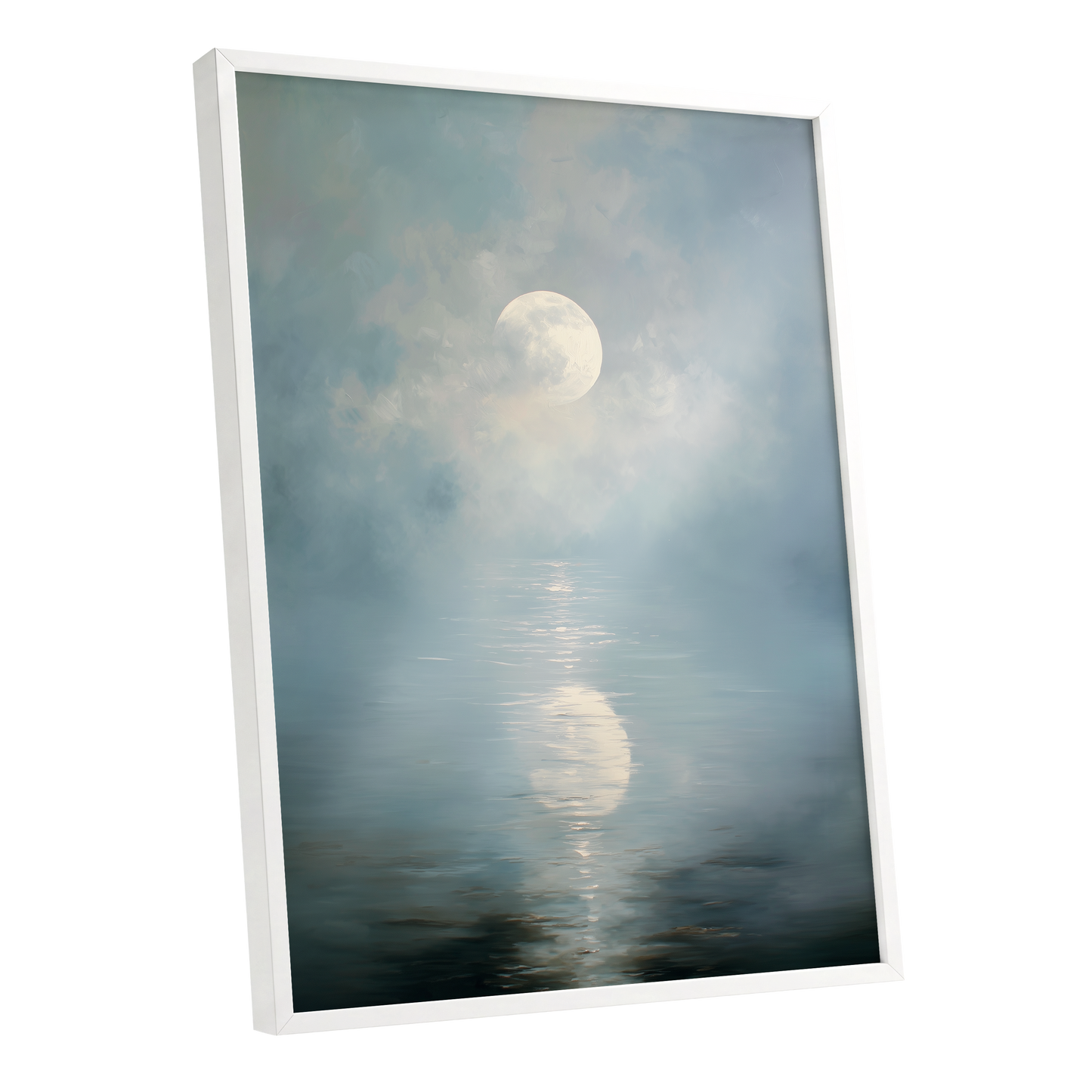 Pearl Above Quiet Water, blue, white, gray nature wall art shown as a white framed poster wall art print