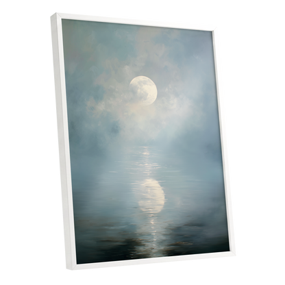 Pearl Above Quiet Water, blue, white, gray nature wall art shown as a white framed poster wall art print