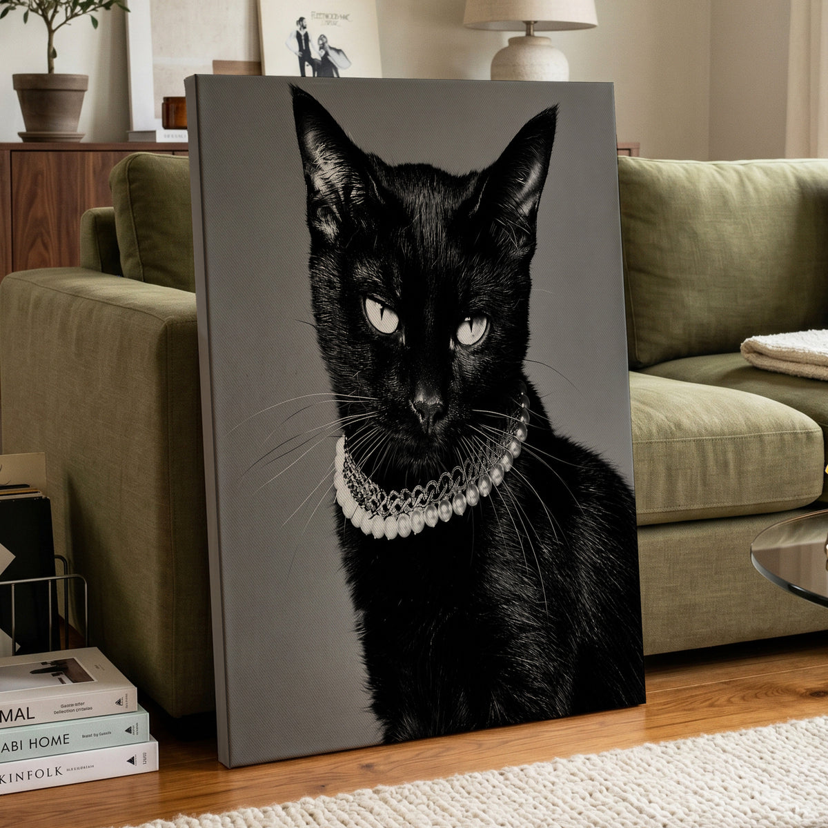 Pearls After Midnight, black, white, gray nature wall art on canvas displayed in a styled interior, gallery view 1