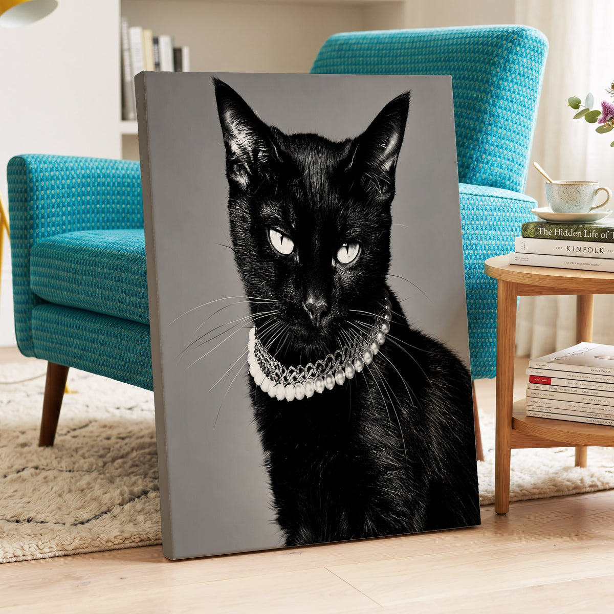 Pearls After Midnight, black, white, gray nature wall art on canvas displayed in a styled interior, gallery view 2