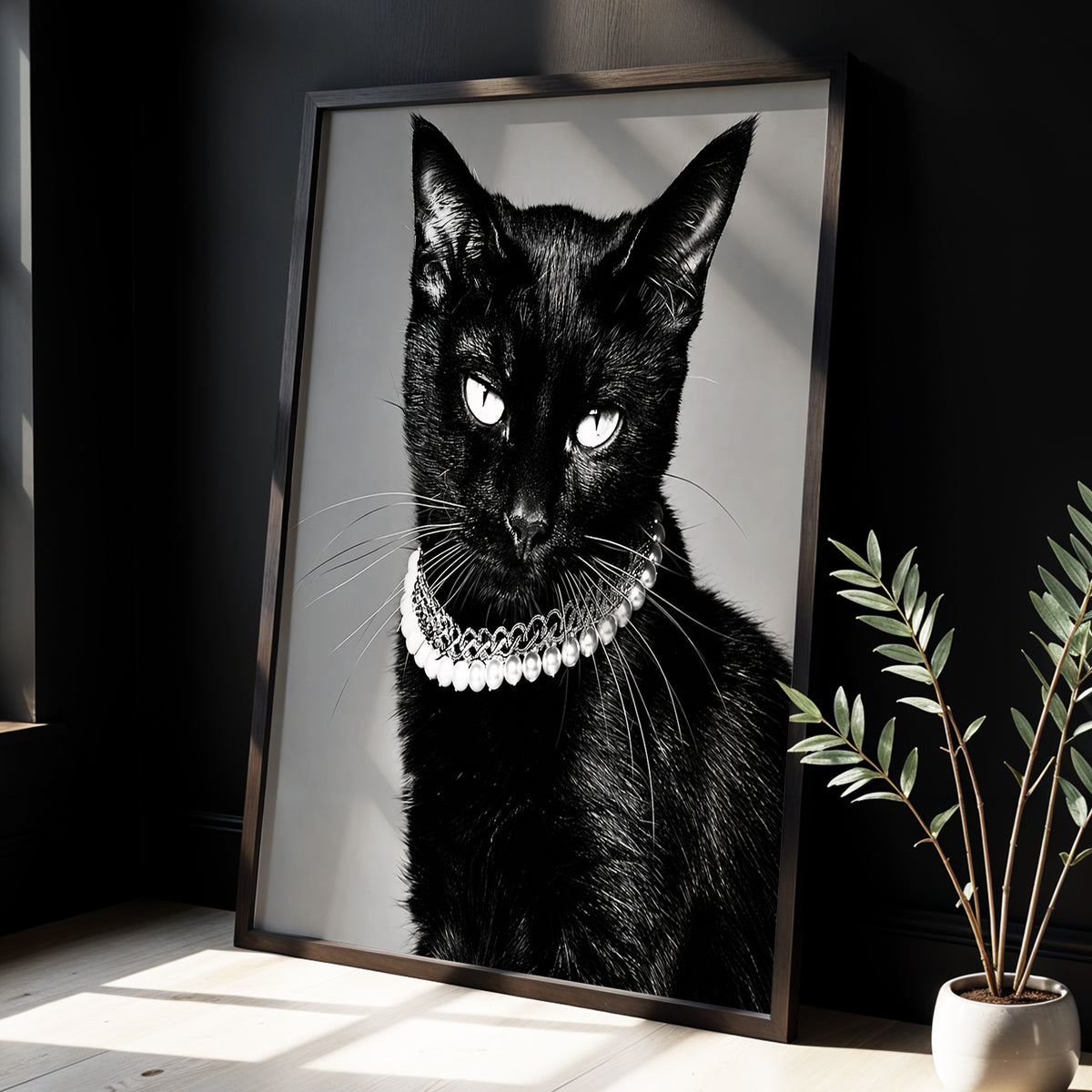 Pearls After Midnight, black, white, gray nature wall art displayed in a styled interior, gallery view 2