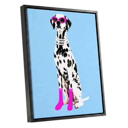 Pearls and Pink Paws, blue, white, black nature wall art shown as a black framed canvas wall art