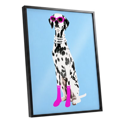 Pearls and Pink Paws, blue, white, black nature wall art shown as a black framed poster wall art print