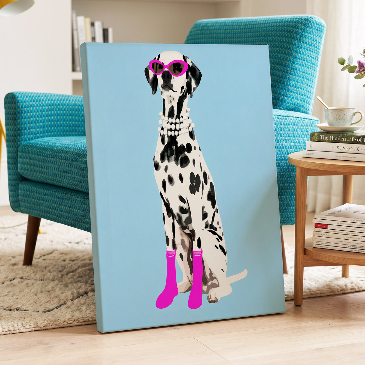 Pearls and Pink Paws, blue, white, black nature wall art on canvas displayed in a styled interior, gallery view 1