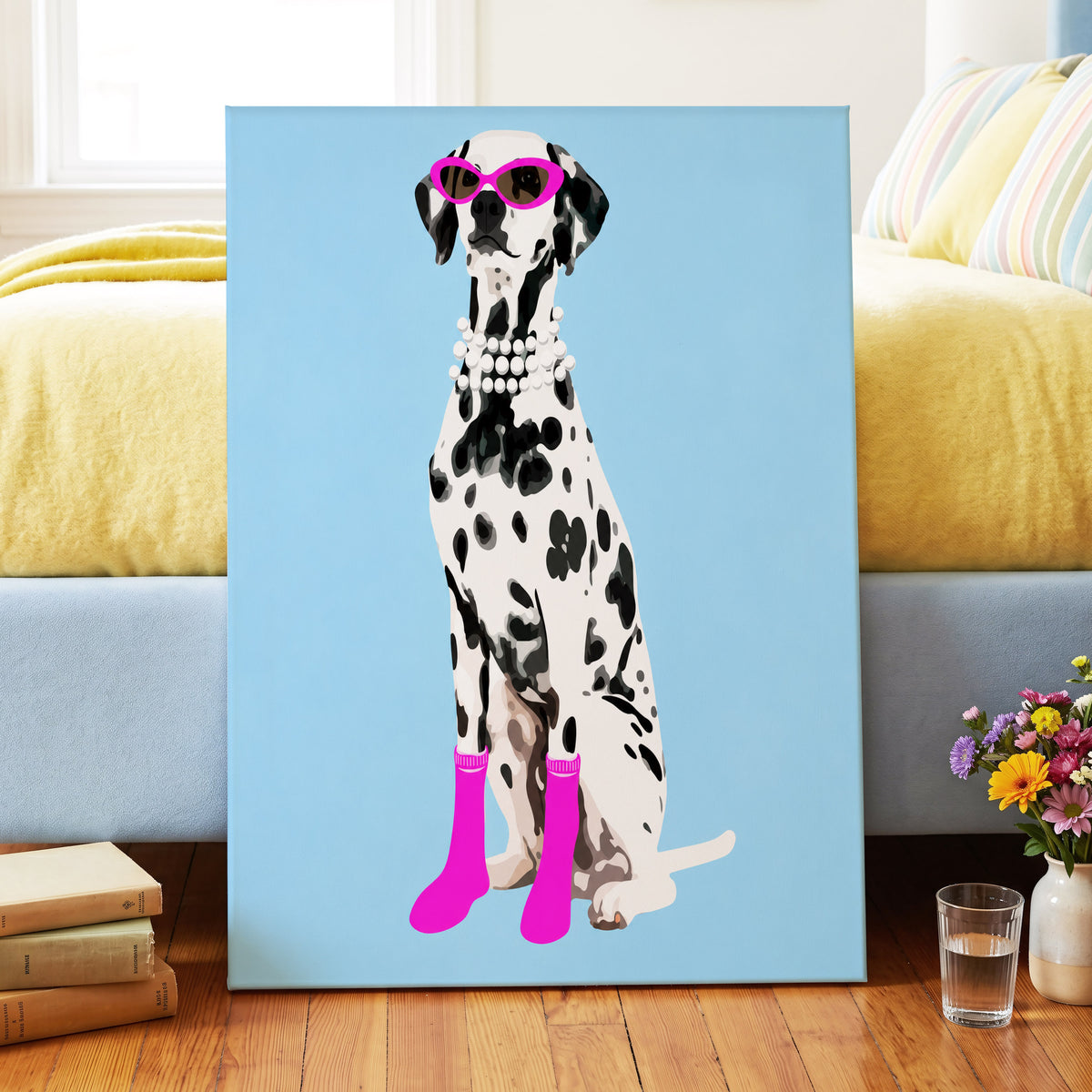 Pearls and Pink Paws, blue, white, black nature wall art on canvas displayed in a styled interior, gallery view 2