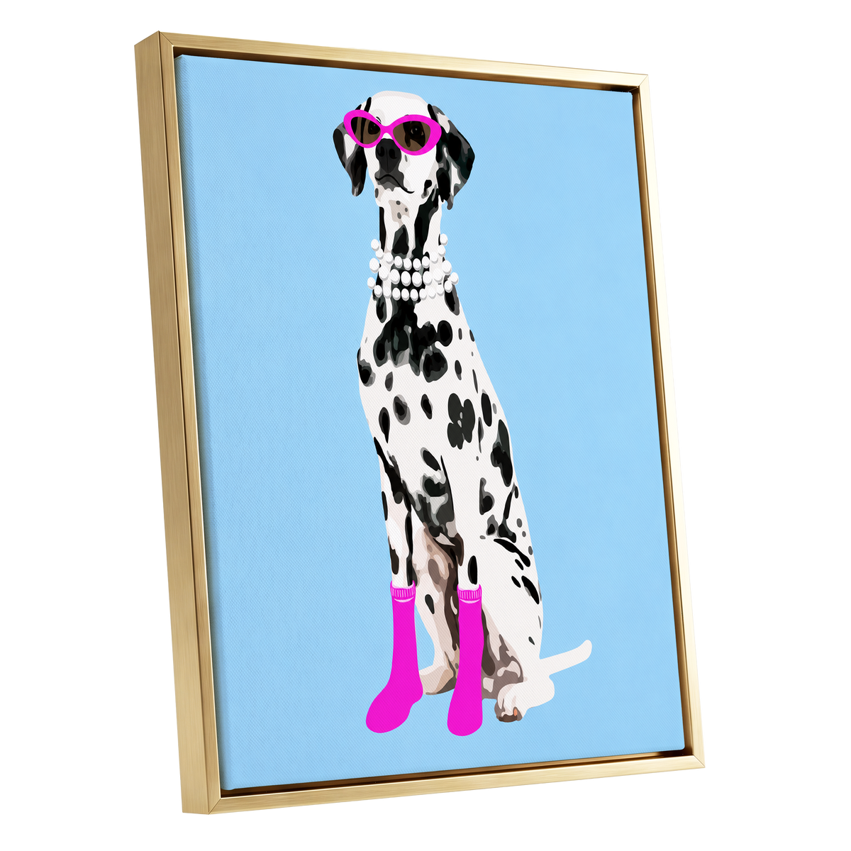 Pearls and Pink Paws, blue, white, black nature wall art shown as a gold framed canvas wall art