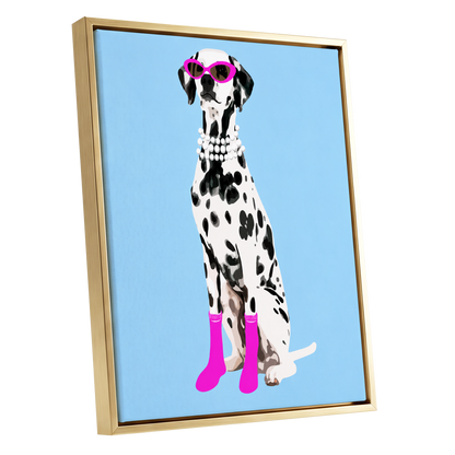 Pearls and Pink Paws, blue, white, black nature wall art shown as a gold framed canvas wall art