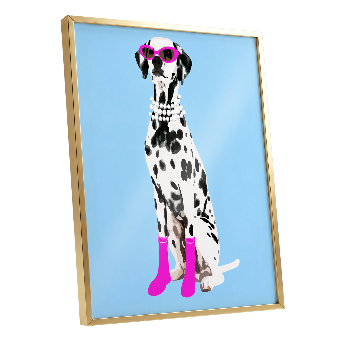 Pearls and Pink Paws, blue, white, black nature wall art shown as a gold framed poster wall art print