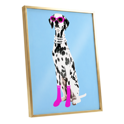 Pearls and Pink Paws, blue, white, black nature wall art shown as a gold framed poster wall art print