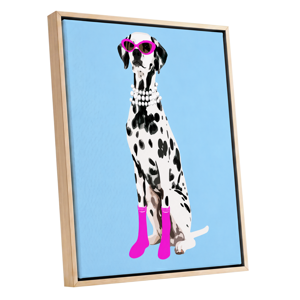 Pearls and Pink Paws, blue, white, black nature wall art shown as a oak framed canvas wall art