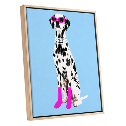 Pearls and Pink Paws, blue, white, black nature wall art shown as a oak framed canvas wall art