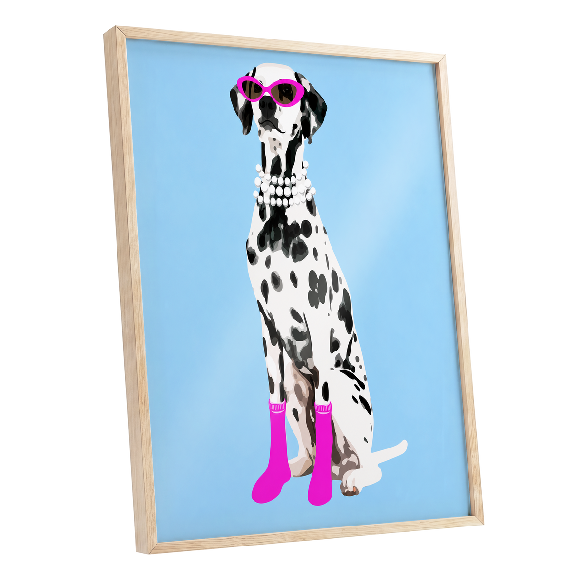 Pearls and Pink Paws, blue, white, black nature wall art shown as a oak framed poster wall art print