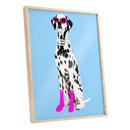 Pearls and Pink Paws, blue, white, black nature wall art shown as a oak framed poster wall art print