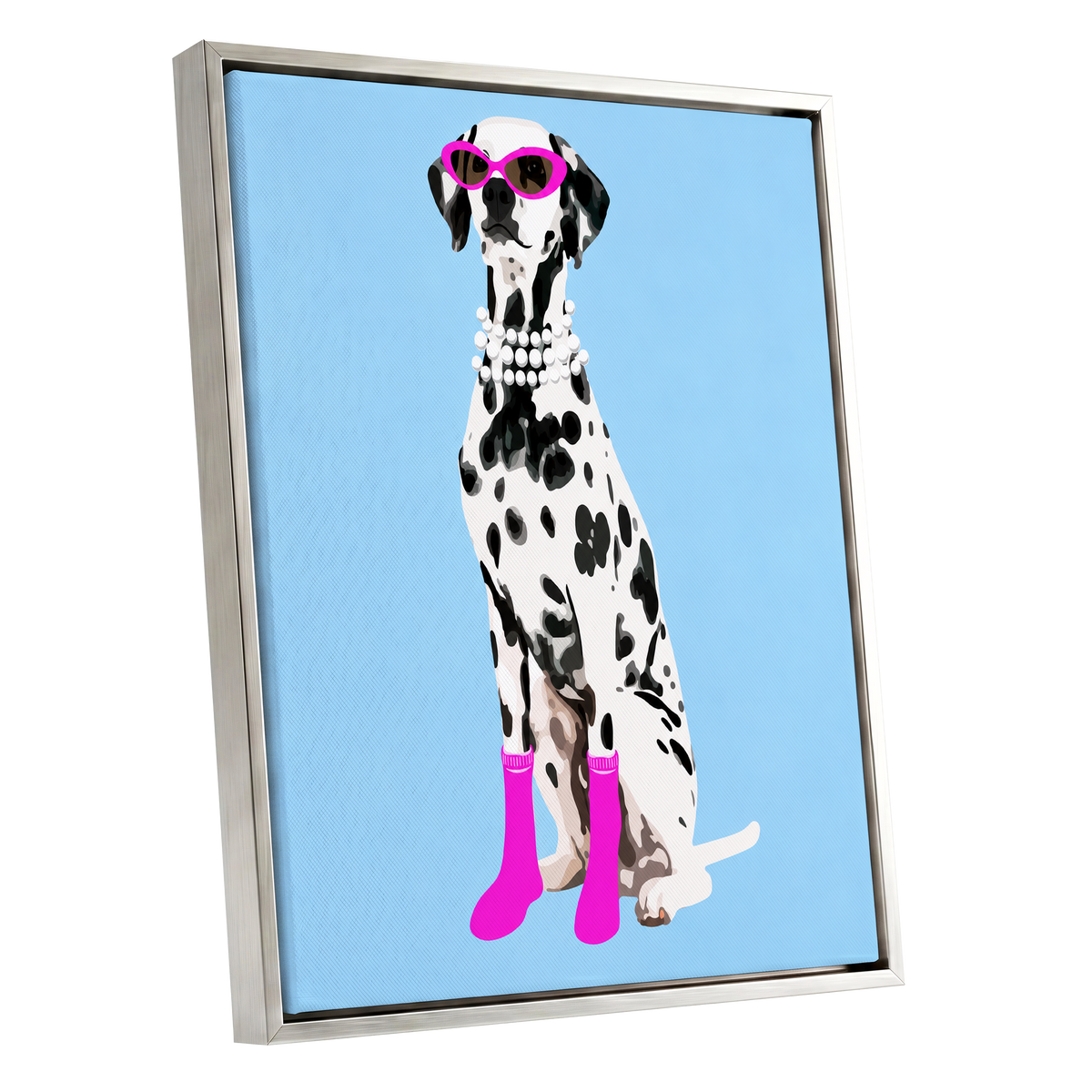Pearls and Pink Paws, blue, white, black nature wall art shown as a silver framed canvas wall art
