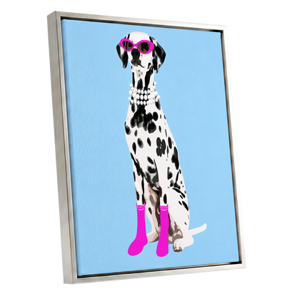 Pearls and Pink Paws, blue, white, black nature wall art shown as a silver framed canvas wall art