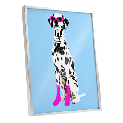 Pearls and Pink Paws, blue, white, black nature wall art shown as a silver framed poster wall art print