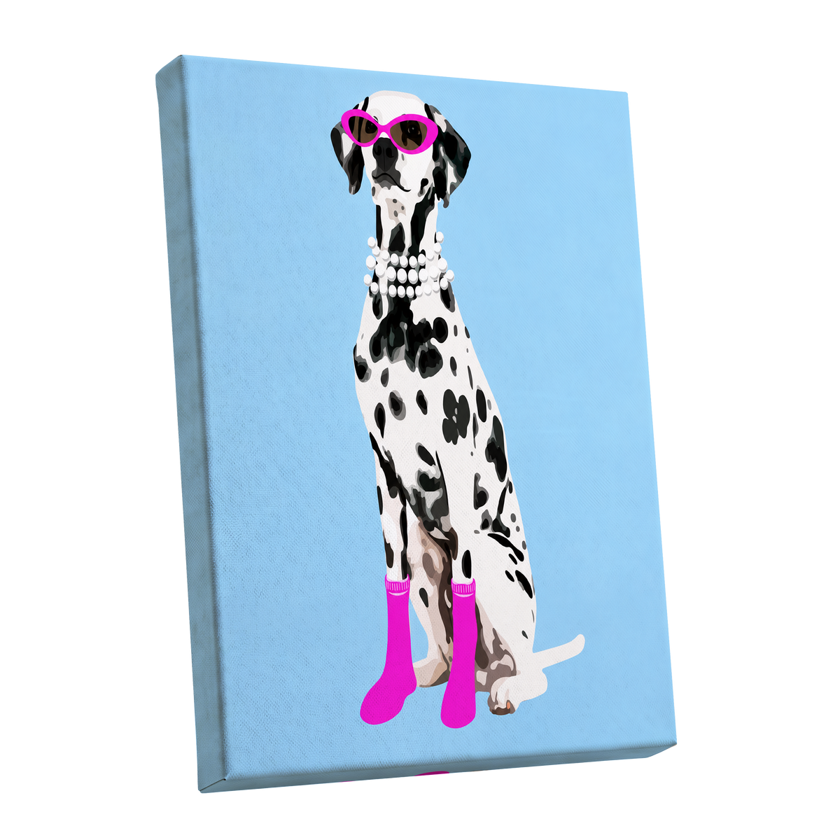 Pearls and Pink Paws, blue, white, black nature wall art shown as a stretched canvas wall art