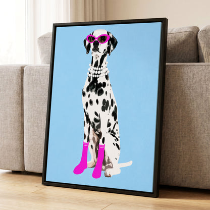 Pearls and Pink Paws, blue, white, black nature wall art displayed in a styled interior, gallery view 1