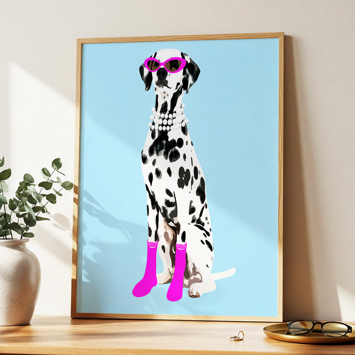 Pearls and Pink Paws, blue, white, black nature wall art displayed in a styled interior, gallery view 2
