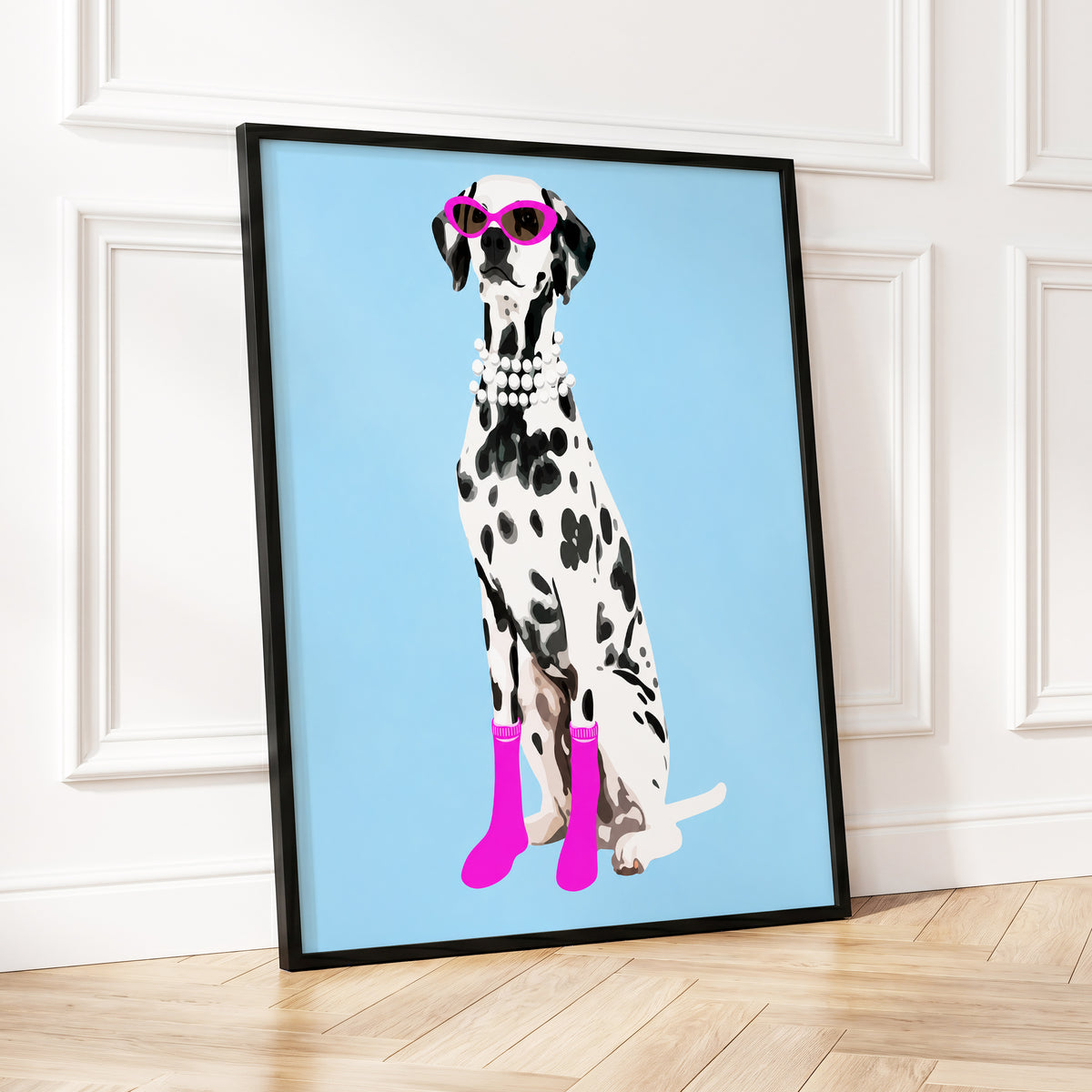 Pearls and Pink Paws, blue, white, black nature wall art displayed in a styled interior, gallery view 4