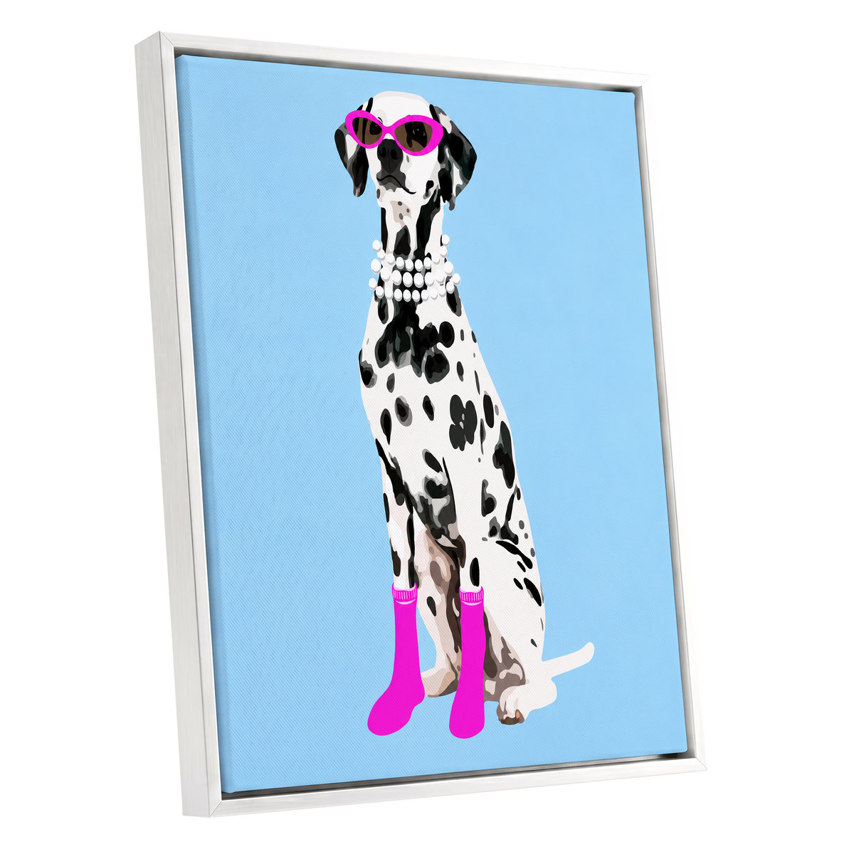 Pearls and Pink Paws, blue, white, black nature wall art shown as a white framed canvas wall art