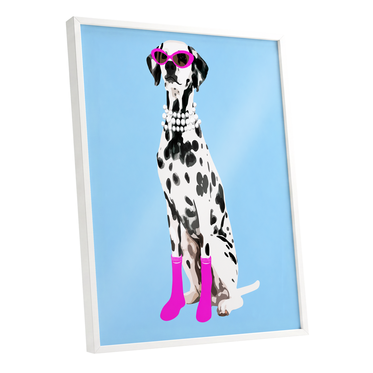 Pearls and Pink Paws, blue, white, black nature wall art shown as a white framed poster wall art print