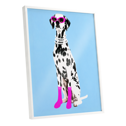 Pearls and Pink Paws, blue, white, black nature wall art shown as a white framed poster wall art print