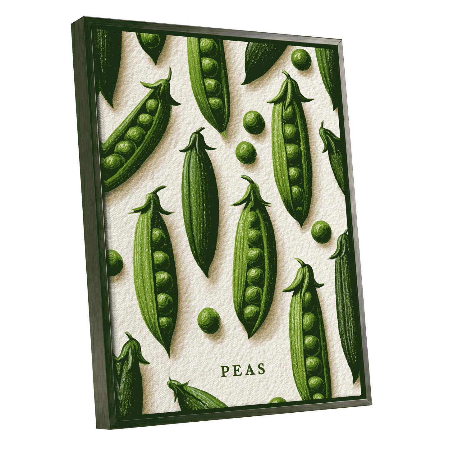 Peas in Pattern, green, beige, white nature wall art shown as a black framed canvas wall art