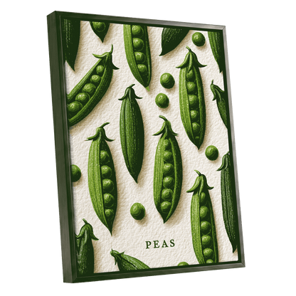 Peas in Pattern, green, beige, white nature wall art shown as a black framed canvas wall art