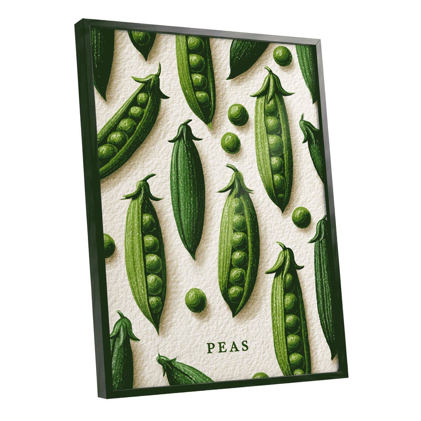 Peas in Pattern, green, beige, white nature wall art shown as a black framed poster wall art print