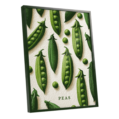 Peas in Pattern, green, beige, white nature wall art shown as a black framed poster wall art print