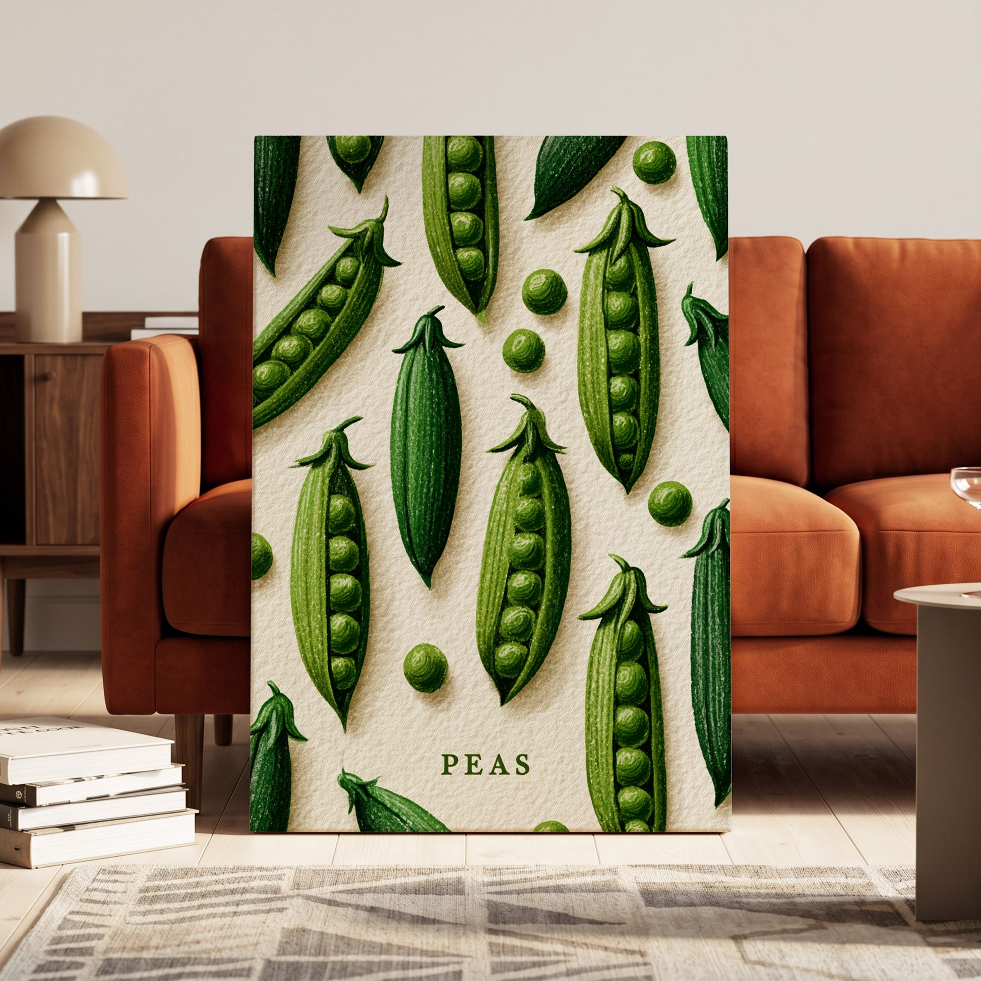 Peas in Pattern, green, beige, white nature wall art on canvas displayed in a styled interior, gallery view 1
