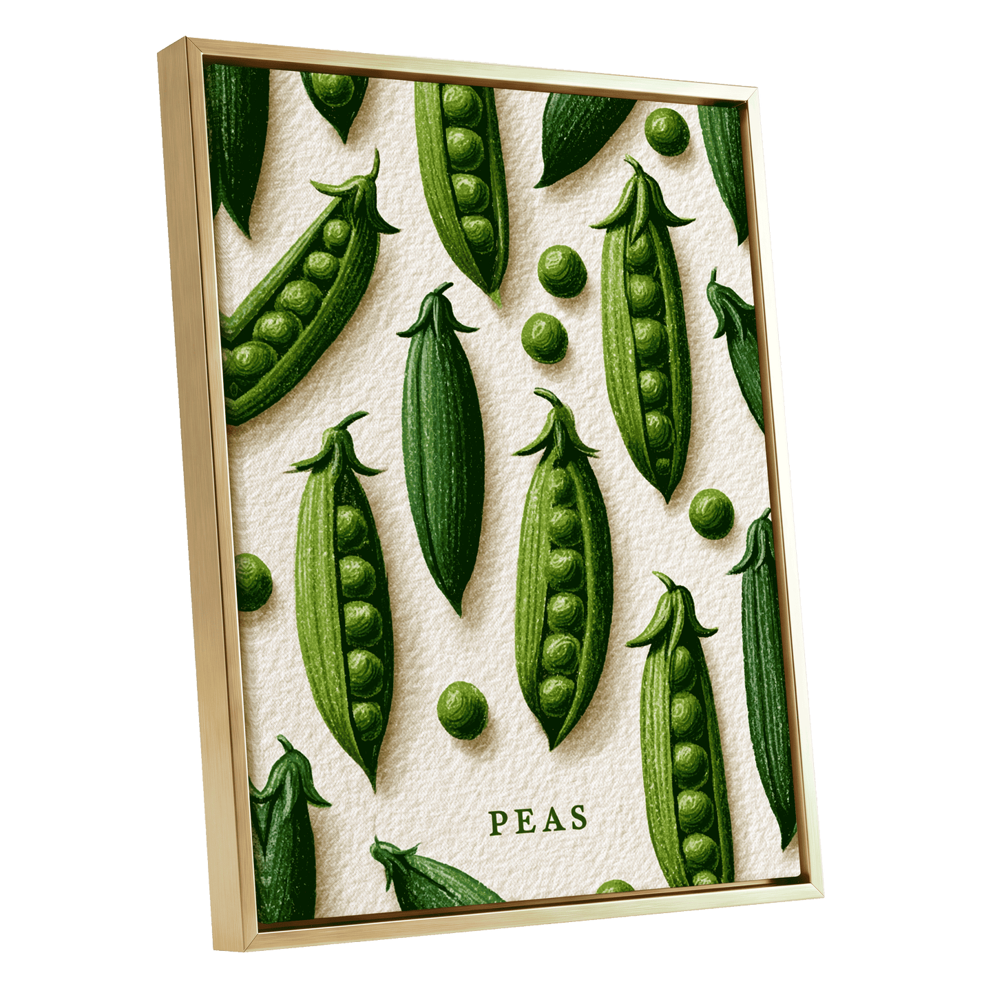 Peas in Pattern, green, beige, white nature wall art shown as a gold framed canvas wall art